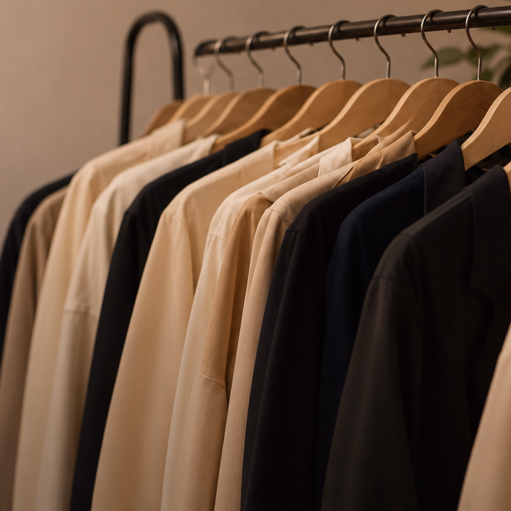 Uniformes em tons neutros organizados em cabides